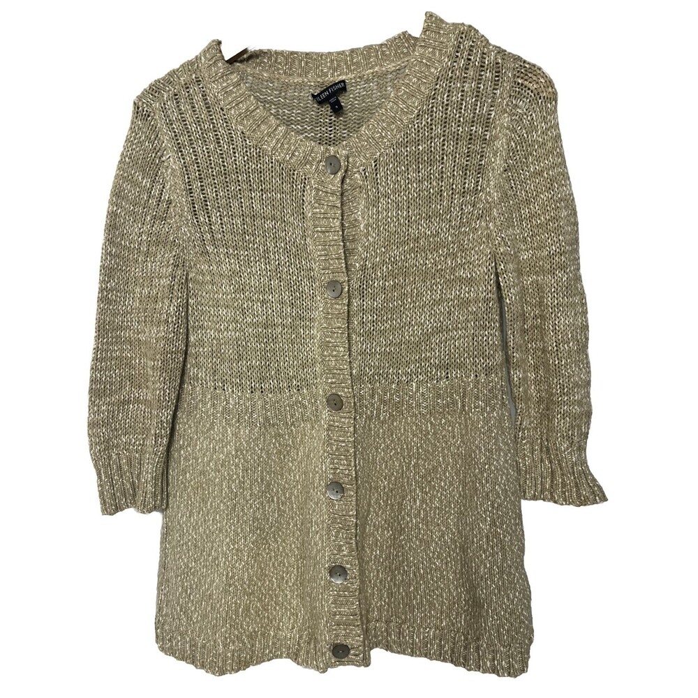 Eileen Fisher Sweater Cardigan Button Up Olive Beige Cotton‎ Small Cottage Core